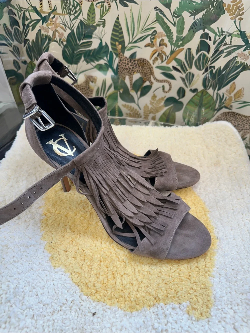 Vince Camuto Fringe Suede Ankle Strap Heels - Taupe